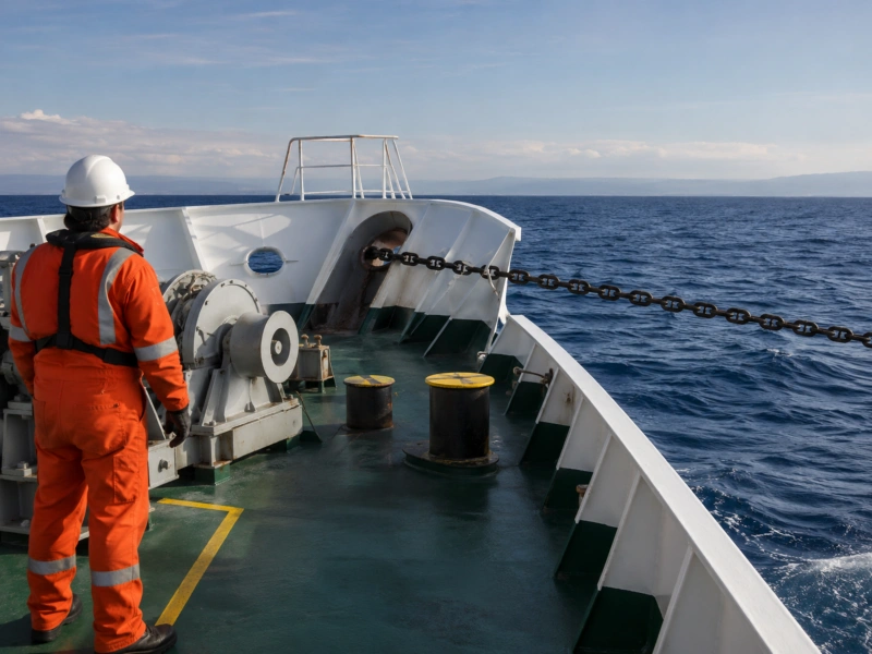anchor cable leading to starboard from the bow
