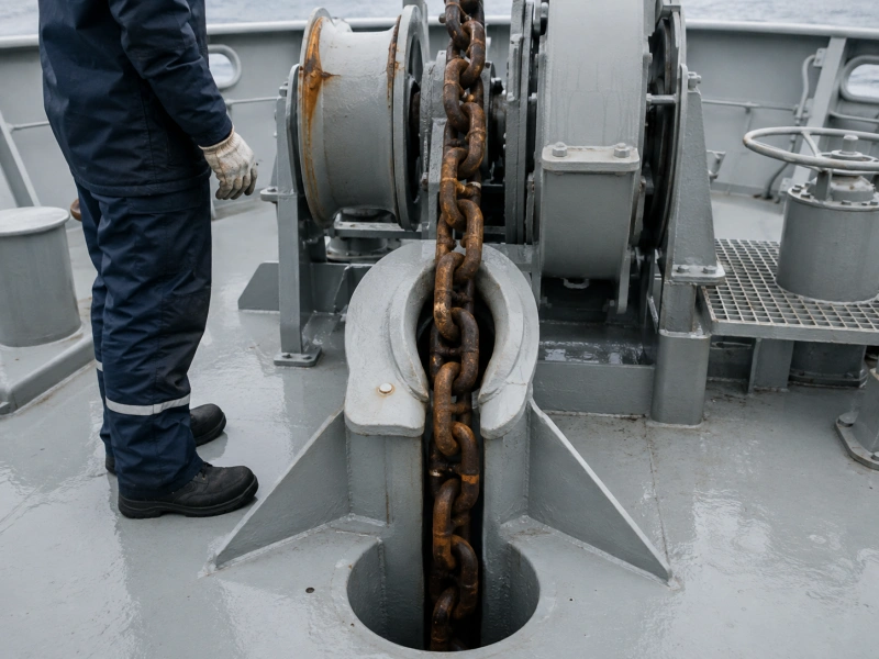 anchor chain passing through a ship windlass