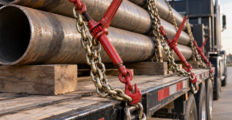 chain binders securing steel pipes on a flatbed