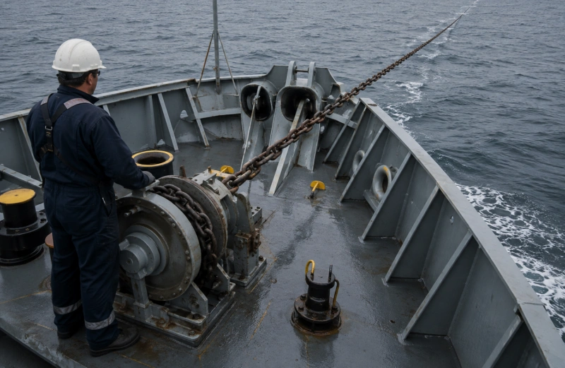 crew observing anchor chain from the forecastle