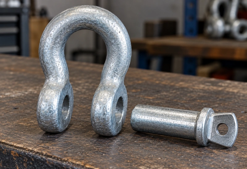 shackle body and removable pin on a workbench