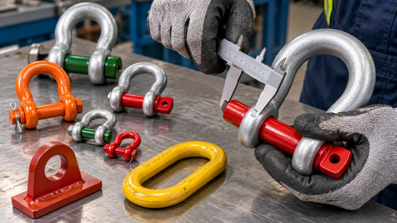 worker measuring a shackle pin with calipers