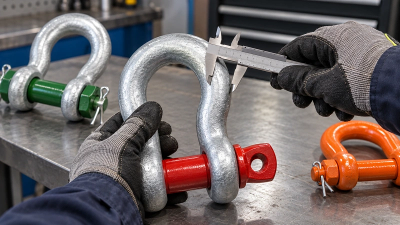 worker measuring shackle body diameter with calipers
