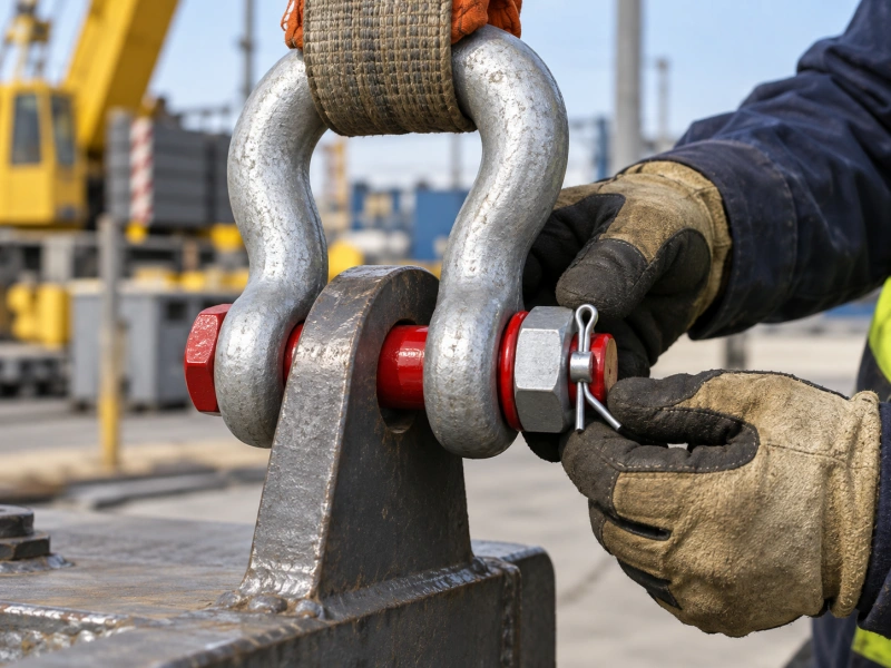 worker securing a safety bolt shackle pin