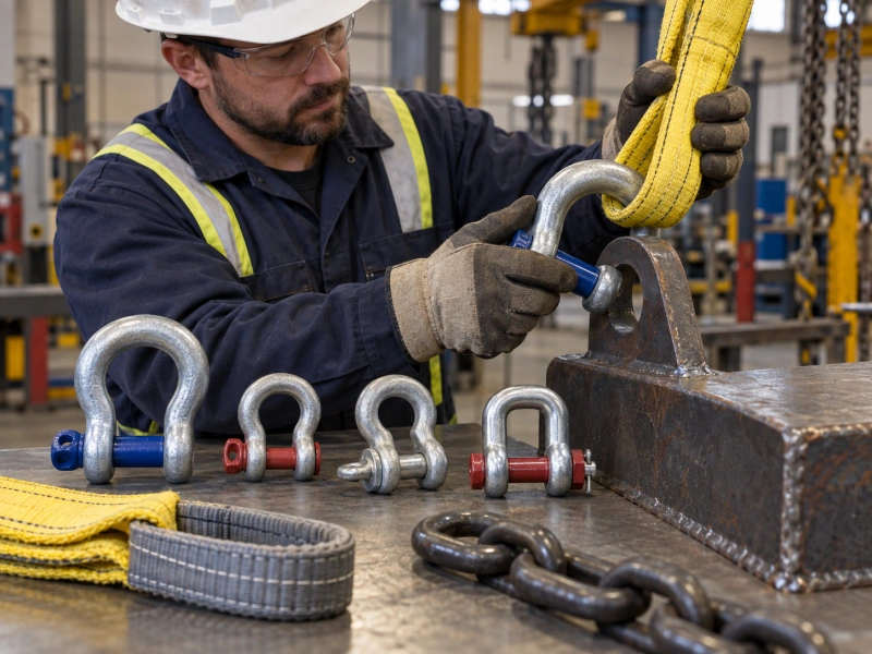 worker selecting a shackle for proper connection fit