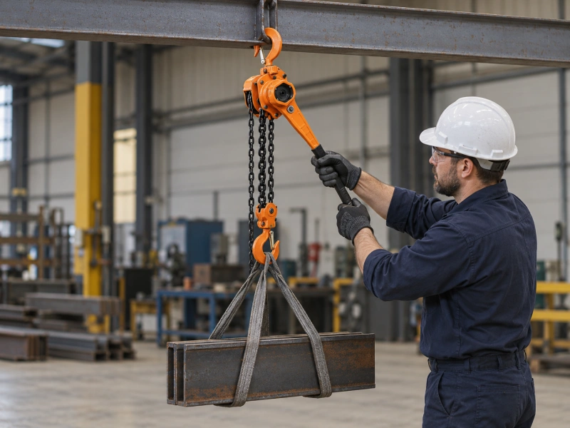 lever chain hoist lifting a steel beam