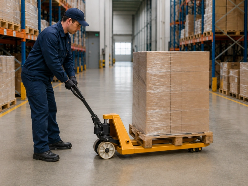 pallet truck forks positioned under pallet