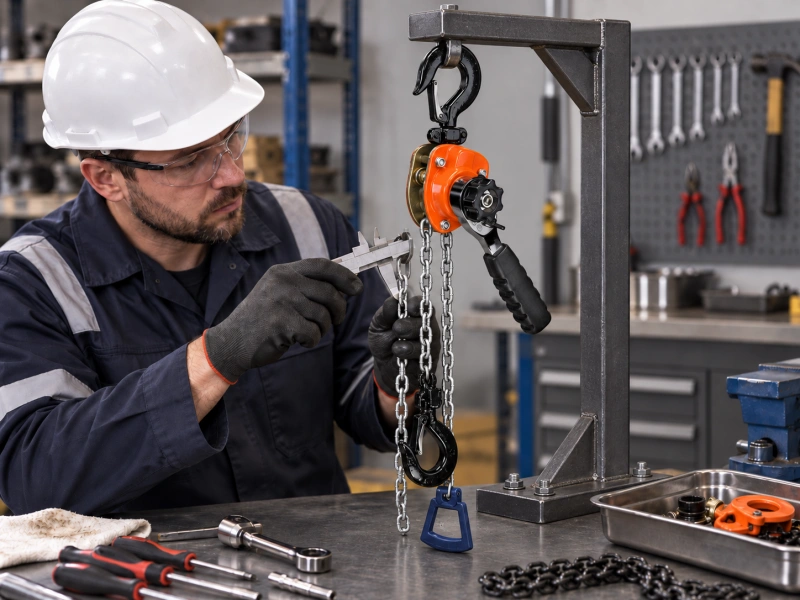 technician measuring lever hoist load chain