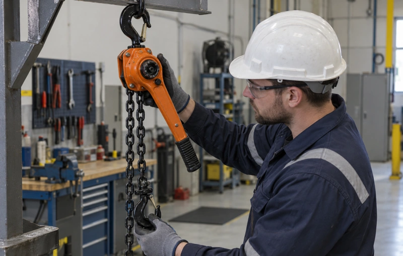 technician performing a pre use lever hoist inspection
