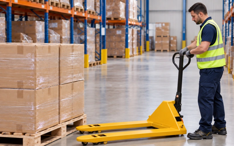 worker aligning pallet truck forks with a pallet