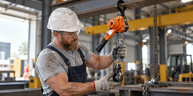 worker inspecting a lever chain hoist before use