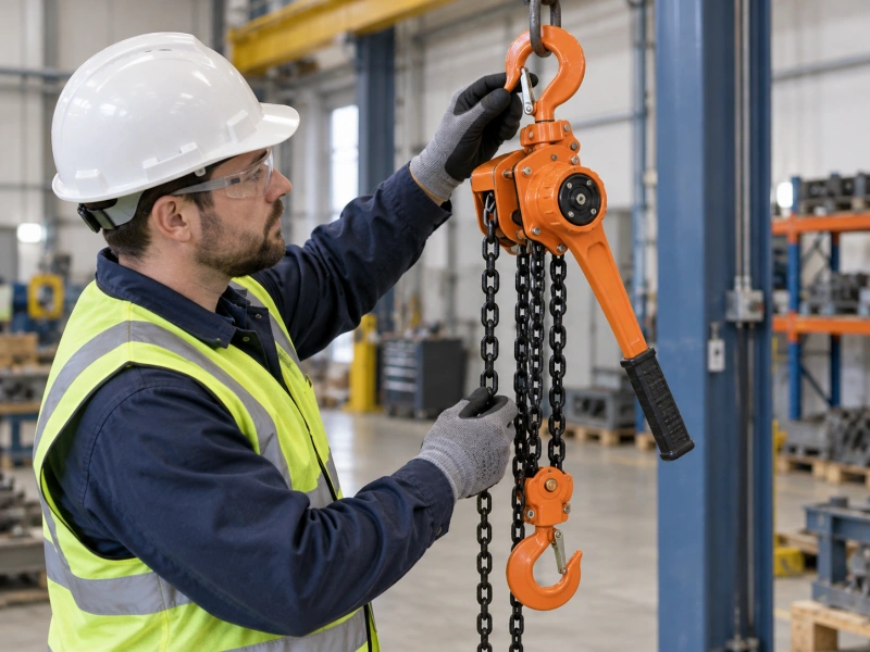 worker inspecting a lever chain hoist