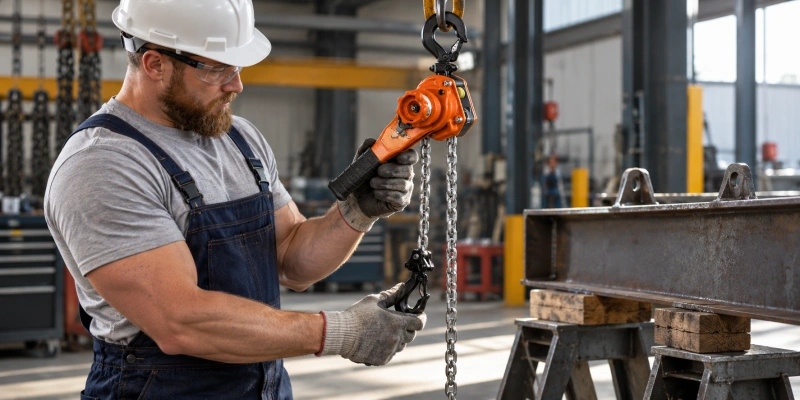 worker inspecting an unloaded lever hoist after use