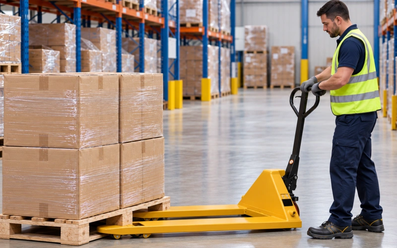 worker lowering pallet before withdrawing the forks