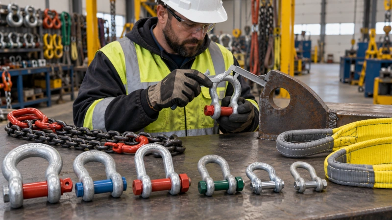 worker measuring shackle fit for a lifting connection
