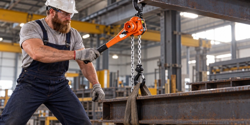 worker operating a lever chain hoist on a steel beam