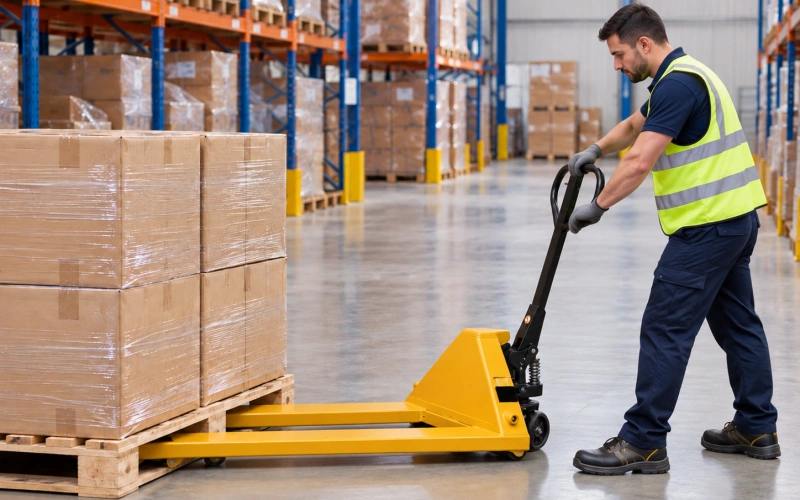 worker pumping pallet truck to lift a loaded pallet