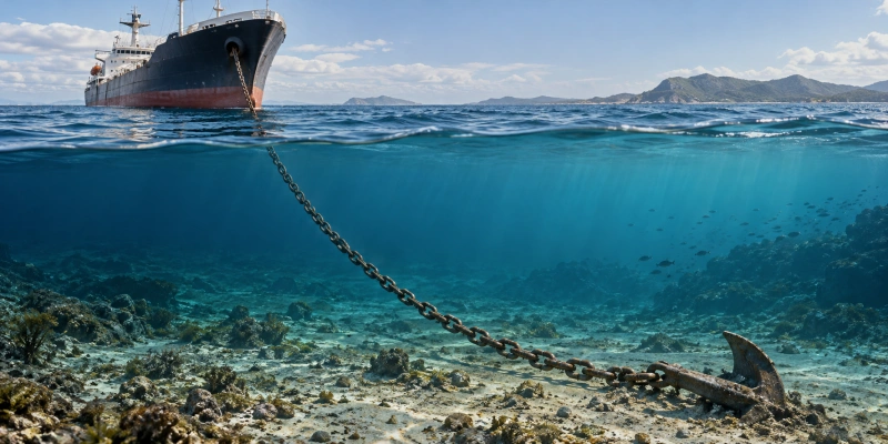 anchor chain extending from ship to seabed anchor