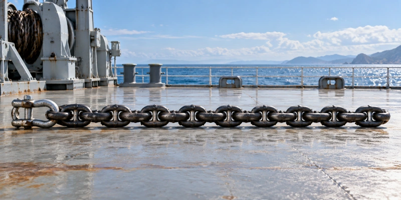anchor chain shackle section laid on a ship deck