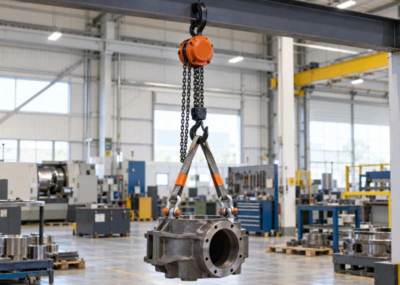 chain hoist lifting a heavy machine housing