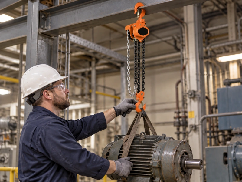 chain hoist lifting motor from overhead beam
