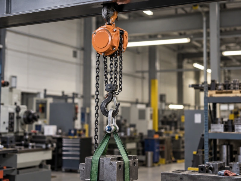chain hoist with slings lifting a metal block
