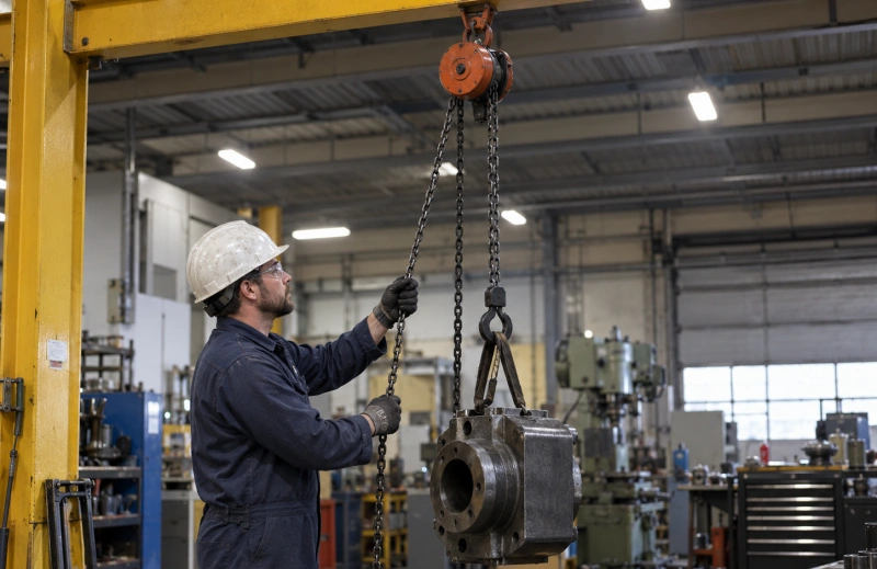 hand chain hoist lifting a metal load