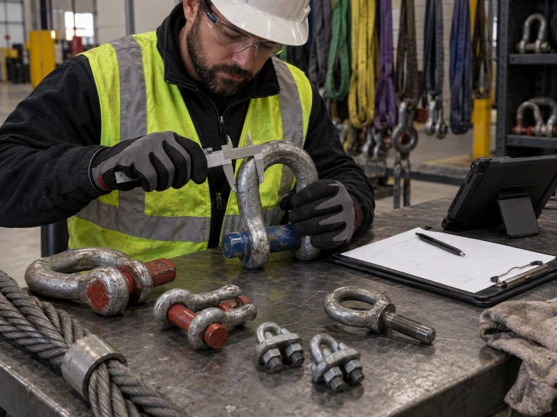 inspector checking rigging hardware before use