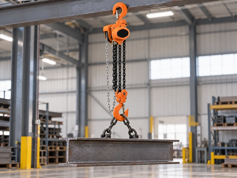 manual chain hoist lifting a steel beam