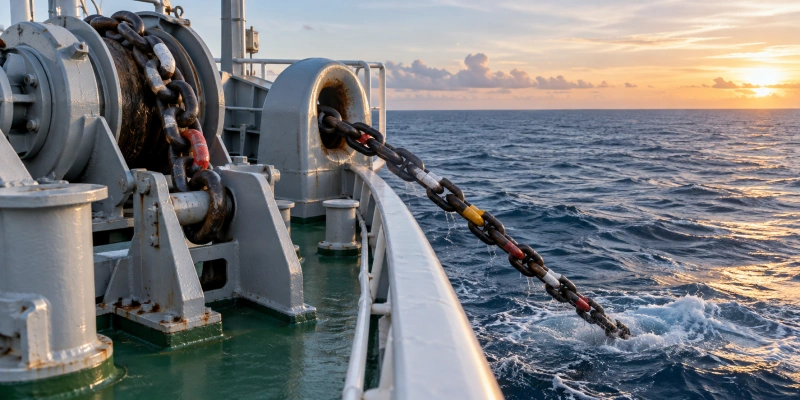 marked anchor chain running through a ship windlass