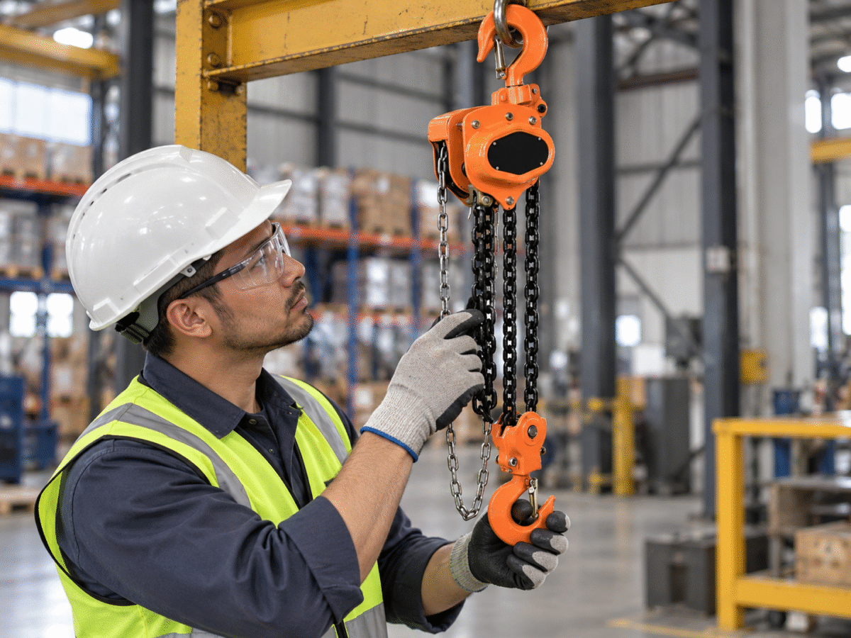 worker inspecting a manual chain hoist