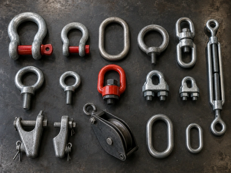 common rigging hardware components on a workbench