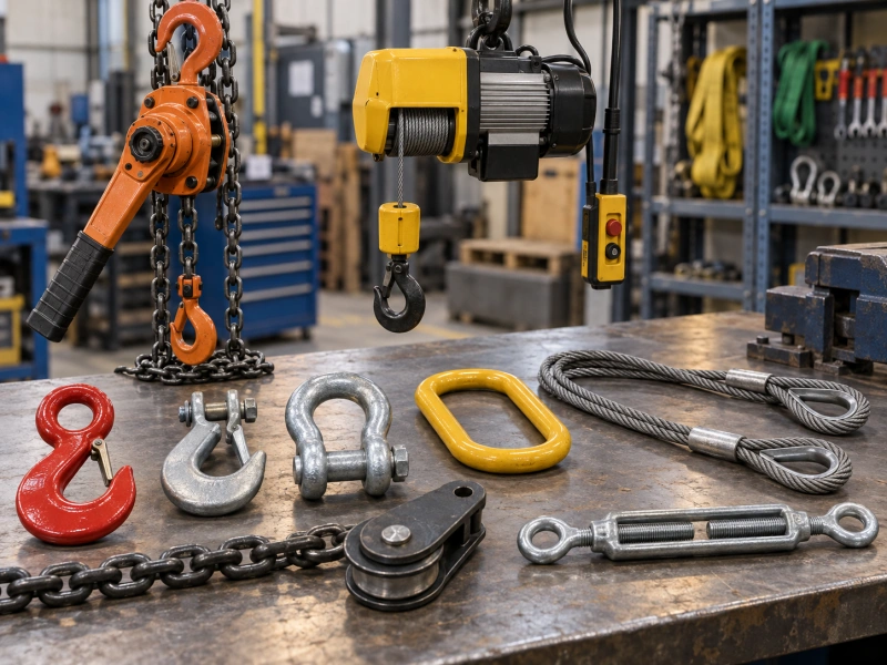 hoists hooks and rigging hardware on a workbench