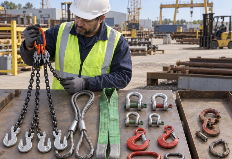 rigger checking chain slings before a construction lift