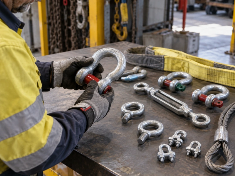 worker checking rigging hardware before use