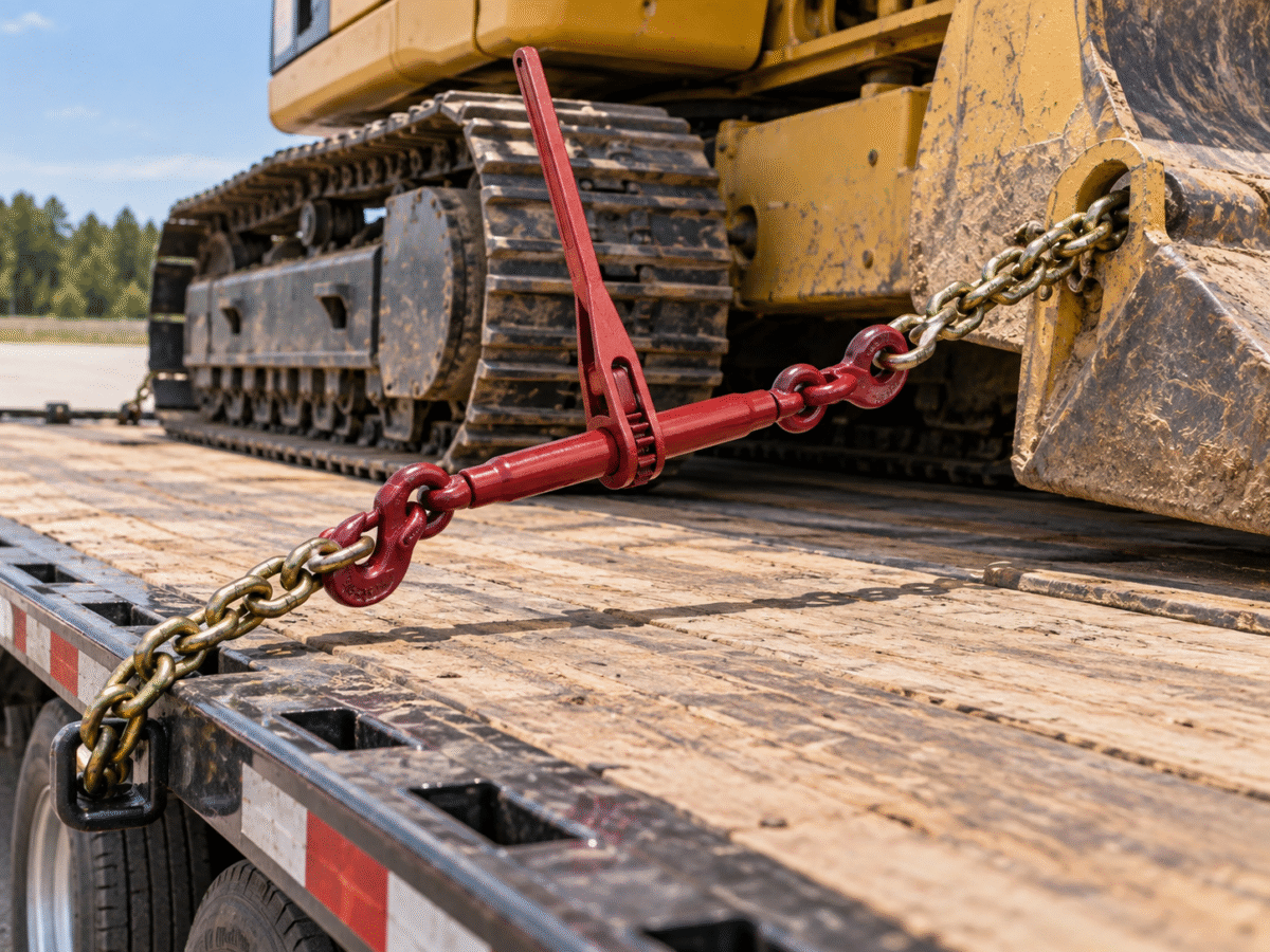 chain binder securing heavy equipment on flatbed