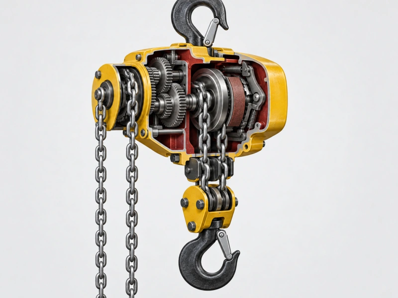 cutaway view of chain block gears and load brake