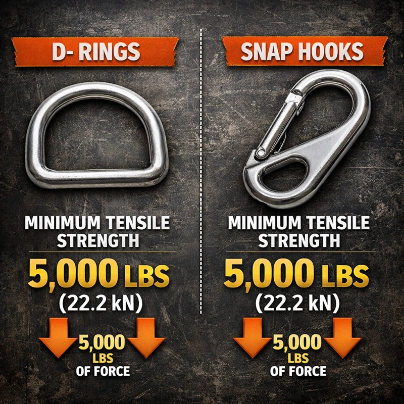 d rings and snap hooks minimum tensile strength