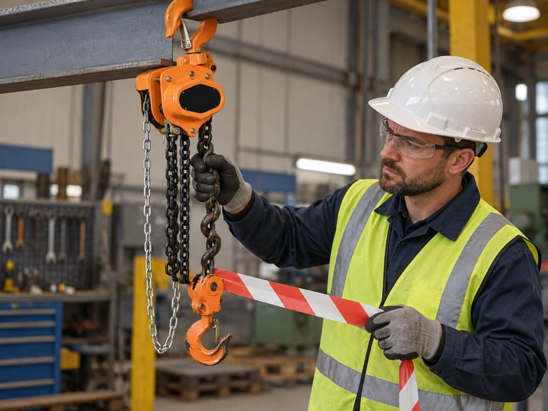 damaged manual hoist tagged out for inspection
