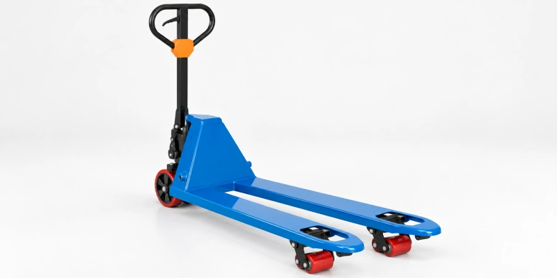 manual pallet jack with blue forks and red rollers