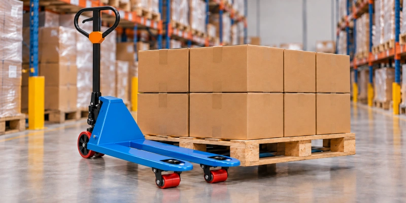 pallet jack moving a loaded pallet in a warehouse