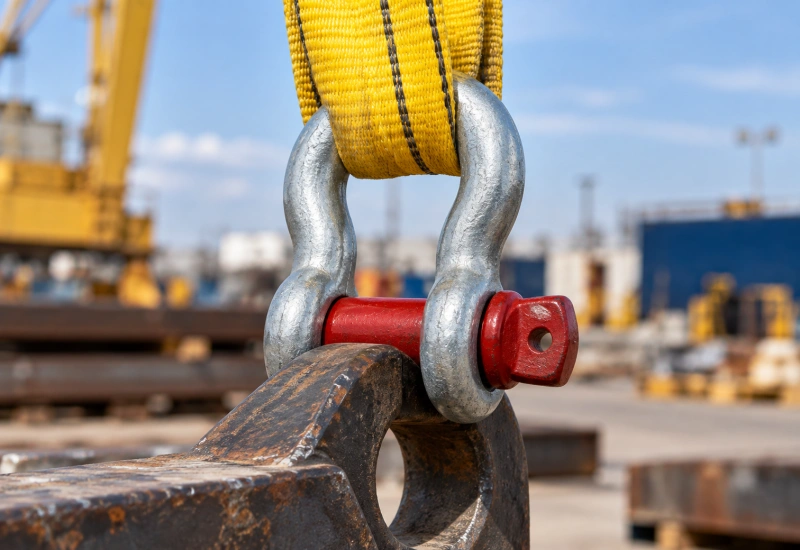 shackle connected to yellow web sling