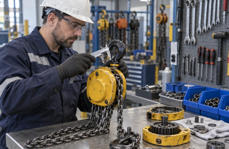 technician inspecting repaired chain block