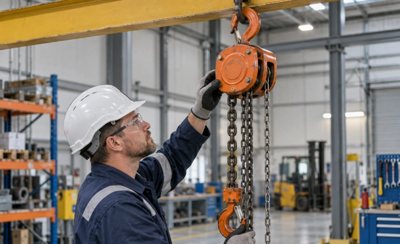 worker inspecting a manual chain block