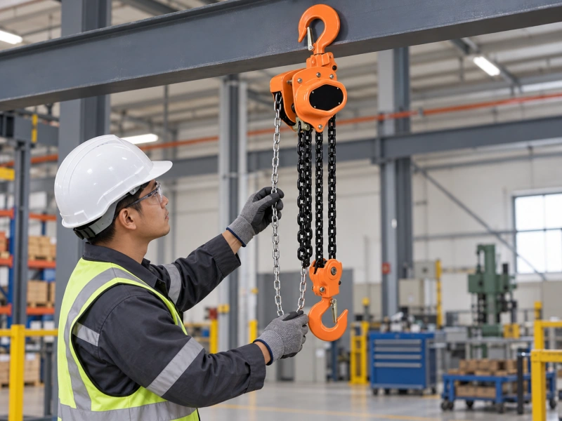 worker inspecting manual chain hoist before use