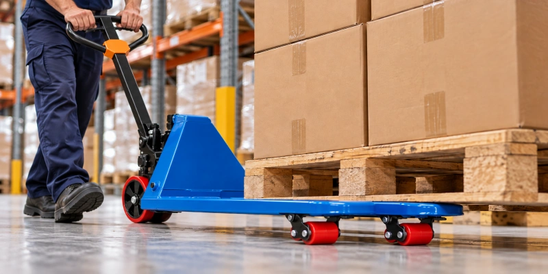 worker using a manual pallet jack under a loaded pallet