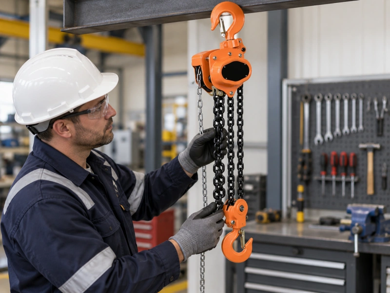 technician inspecting hoist after chain replacement